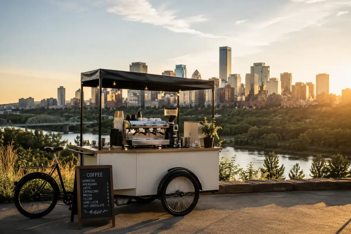 Cowboy Coffee mobile cart overlooking the Edmonton skyline