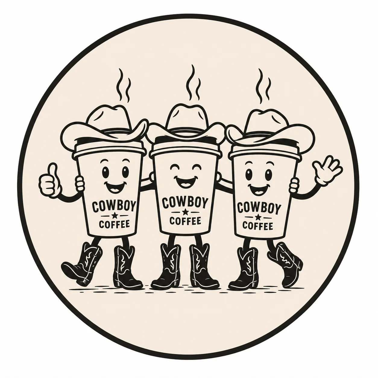 The Cowboy Coffee mascots waving